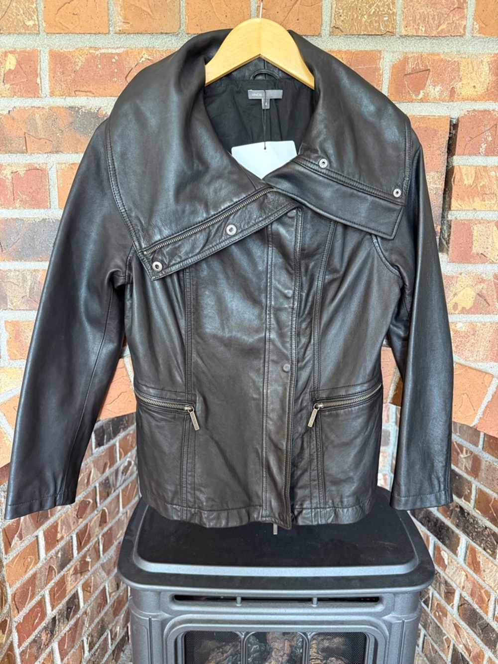 Vince Black Leather Asymmetrical Collar Zip Jacket women’s size M